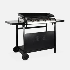Plancha au gaz 4 brûleurs sur chariot - Porthos - 10kW. plancha à gaz avec desserte et ustensiles