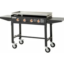Plancha au gaz BRASERO Carmen sur chariot - 4 brûleurs - Plaque inox - 90 x 45,5 cm - chariot pliable tablettes rabattables, Noir