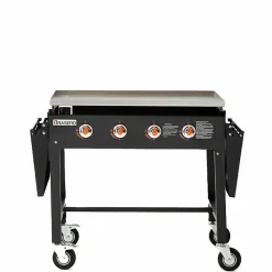 Plancha au gaz BRASERO Carmen sur chariot - 4 brûleurs - Plaque inox - 90 x 45,5 cm - chariot pliable tablettes rabattables, Noir