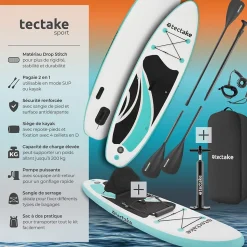 Planche de stand-up paddle 2 en 1 gonflable kit complet avec sac à dos blanc/turquoise