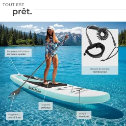 Planche de stand-up paddle 2 en 1 gonflable kit complet avec sac à dos blanc/turquoise