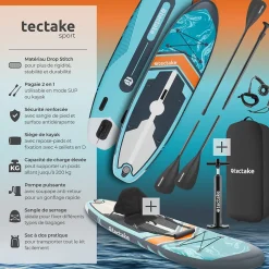 Planche de stand-up paddle 2 en 1 gonflable kit complet avec sac à dos turquoise/orange
