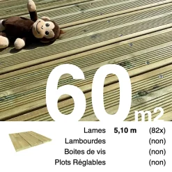 Planches de terrasse Pin autoclave Vert pour 60 m², Longueur 5,1 m.