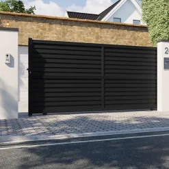 Portail effet persienne coulissant aluminium Neva Klikstrom + motorisation Somfy l.410 x H.163 cm gris anthracite RAL 7021