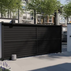 Portail effet persienne coulissant aluminium Neva Klikstrom + motorisation Somfy l.410 x H.163 cm gris anthracite RAL 7021