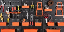 Porte-Outils Mural en Métal 120 x 60 x 2 cm,3 Panneaux Perforés,Bacs en PP,Supports et Crochets (Orange,26 Accessoires)