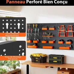 Porte-Outils Mural en Métal 120 x 60 x 2 cm,3 Panneaux Perforés,Bacs en PP,Supports et Crochets (Orange,26 Accessoires)