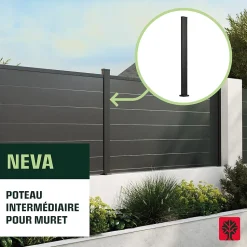 Poteau en aluminium anthracite avec base de fixation en acier pour clôture Neva Klikstrom, H.95cm