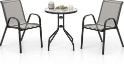 Salon de Jardin Extérieur 2 Personnes avec 2 Fauteuils et Table Basse,avec Plateau en Verre Trempé, Cadre Métallique (Gris)