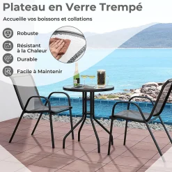 Salon de Jardin Extérieur 2 Personnes avec 2 Fauteuils et Table Basse,avec Plateau en Verre Trempé, Cadre Métallique (Gris)