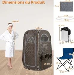 Sauna à Vapeur Portable pour 1 ou 2 Personnes,Générateur de Vapeur 1000W et de 3L,avec Chaise Pliable, Minuterie,Télécommande,Gris