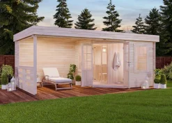 Sauna extérieur Hanna-40 FinnTherm, 6x32m dim ext (cas échéant incl débord de toit) naturel, épaisseur paroi : 40mm, 19,5m² totale