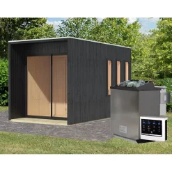 Sauna extérieur noir 3-6 places 9,2m² avec poêle 9kW - Épicéa - Karibu Miramar