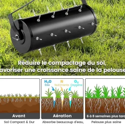 Scarificateur Manuel avec 27 Dents, avec Tambour Lesté, pour Gazon et Pelouse, Poignée Longue Confortable et Antidérapante