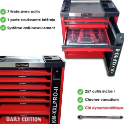 Servante d'atelier Kraft Muller KM-XXL PRO II Daily Edition 257 outils - Clé dynamo - 7 tiroirs outillés sur Roulettes, Chariot