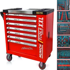 Servante d'Atelier MUNICH TOOLS XXL Cabinet 7/6 Rouge, sur 4 roulettes 7 tiroirs dont 6 outillés - 1 placard Latéral, Clé Dynamo