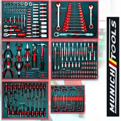 Servante d'Atelier MUNICH TOOLS XXL Cabinet 7/6 Rouge, sur 4 roulettes 7 tiroirs dont 6 outillés - 1 placard Latéral, Clé Dynamo
