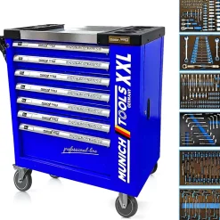 Servante d'Atelier MUNICH TOOLS XXL Cabinet 7/6 Bleu, sur 4 roulettes 7 tiroirs dont 6 outillés - 1 placard Latéral, Clé Dynamo