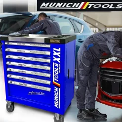Servante d'Atelier MUNICH TOOLS XXL Cabinet 7/6 Bleu, sur 4 roulettes 7 tiroirs dont 6 outillés - 1 placard Latéral, Clé Dynamo
