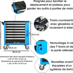 Servante d'atelier professionnelle avec outils en chrome vanadium 7 tiroirs 243 pièces Bleu