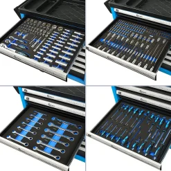 Servante d'atelier professionnelle avec outils en chrome vanadium 7 tiroirs 243 pièces Bleu