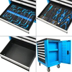 Servante d'atelier professionnelle avec outils en chrome vanadium 7 tiroirs 243 pièces Bleu