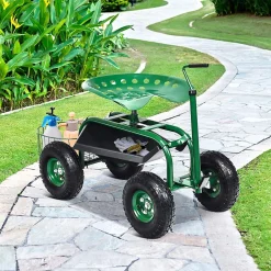 Siège de Jardin Roulant avec 2 Plateau à Outils Panier de Rangement Siège Réglable 4 Roues en Caoutchouc
