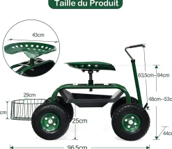 Siège de Jardin Roulant avec 2 Plateau à Outils Panier de Rangement Siège Réglable 4 Roues en Caoutchouc