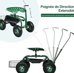 Siège de Jardin Roulant avec 2 Plateau à Outils Panier de Rangement Siège Réglable 4 Roues en Caoutchouc