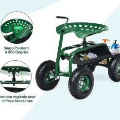 Siège de Jardin Roulant avec 2 Plateau à Outils Panier de Rangement Siège Réglable 4 Roues en Caoutchouc