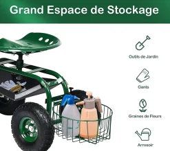 Siège de Jardin Roulant avec 2 Plateau à Outils Panier de Rangement Siège Réglable 4 Roues en Caoutchouc