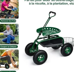 Siège de Jardin Roulant avec 2 Plateau à Outils Panier de Rangement Siège Réglable 4 Roues en Caoutchouc