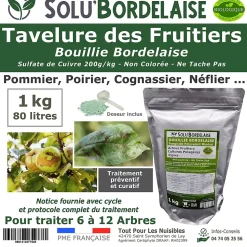 Solu'Bordelaise - Tavelure des Fruitiers - 1 kg Bouillie Bordelaise Non Colorée - Sulfate de Cuivre 200 g/kg - UAB - Doseur Inclus