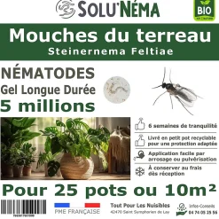 Solunéma - Nématodes contre la Mouche du Terreau - 5 millions Steinernema Feltiae (SF) - Traitement pour 25 pots soit environ 10m²