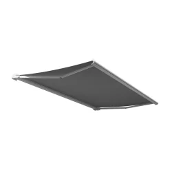 Store banne coffre CINTA 4,80 x 3,50m (Motorisé à Télécommande + LED + manœuvre de secours - Gris clair - Blanc)