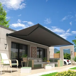 Store banne coffre intégral HEVOA 5,00x3,50 M (Motorisé Secours à Télécommande + LED - Armature gris anthracite - Toile grise)
