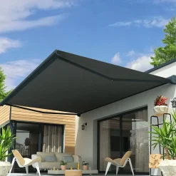 Store banne coffre intégral CELESTE 4,00x3,00 M (Motorisé Secours à Télécommande - Armature gris anthracite - Toile grise)
