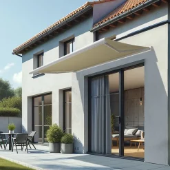 Store banne coffre intégral CINABRE 3,00x2,00 M (Motorisé à Interrupteur - Armature blanc - Toile écrue)