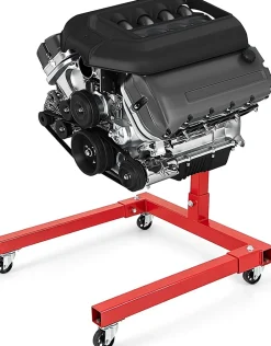 Support Moteur Atelier Levage Charge 340kg avec Roues Tête Rotative Bras Réglables Support Moteur en Métal Robuste Rouge