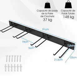 Système de Rangement Outil pour Garage, Porte Outils Mural pour avec 4 Crochets Doubles en Métal