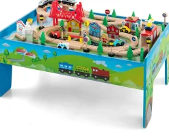 Table Circuit de Train Enfant Rail de Train Bois 80 Pcs avec Rails Jouet Activités pour Garçons Acessoire Complets Vert