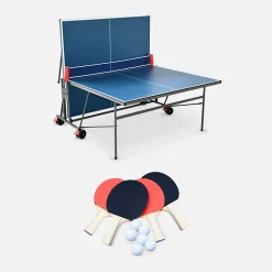 Table de ping pong INDOOR bleue - table pliable avec 4 raquettes et 6 balles. pour utilisation intérieure. sport tennis de table