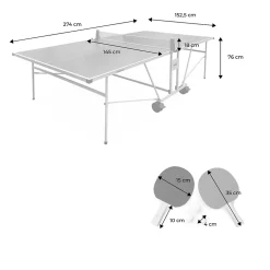 Table de ping pong OUTDOOR gris - table pliable avec 4 raquettes et 6 balles