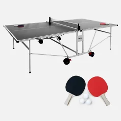 Table de ping pong OUTDOOR grise - table pliable avec 2 raquettes et 3 balles. pour utilisation extérieure. sport tennis de table