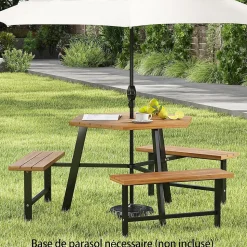 Table de Pique-Nique Jardin Exterieure en Bois d'Acacia pour 6 Personnes avec 3 Bancs Intégrés,avec Trou Parasol