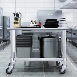 Table de Travail INOX Cuisine avec 2 Etageres Hauteur de Couche Inferieure Reglable 4 Roues en PU