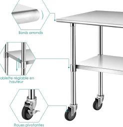 Table de Travail INOX Cuisine avec 2 Etageres Hauteur de Couche Inferieure Reglable 4 Roues en PU