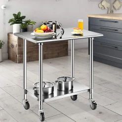 Table de Travail INOX Cuisine avec 2 Etageres Hauteur de Couche Inferieure Reglable 4 Roues en PU