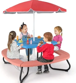 Table Enfant Exterieure avec 4 Bancs Intégrés,avec Parasol Réglable et Pliable, 8 Places,pour Intérieure et Extérieure (Bleu)