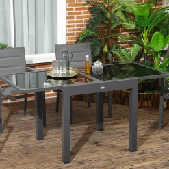 Table extensible de jardin grande taille dim. 160 x 80 x 75 cm alu métal époxy anthracite plateau verre trempé noir